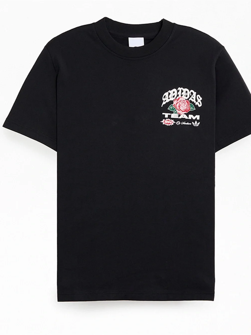 Black Graphic Crewneck T-Shirt with Rose Team Print